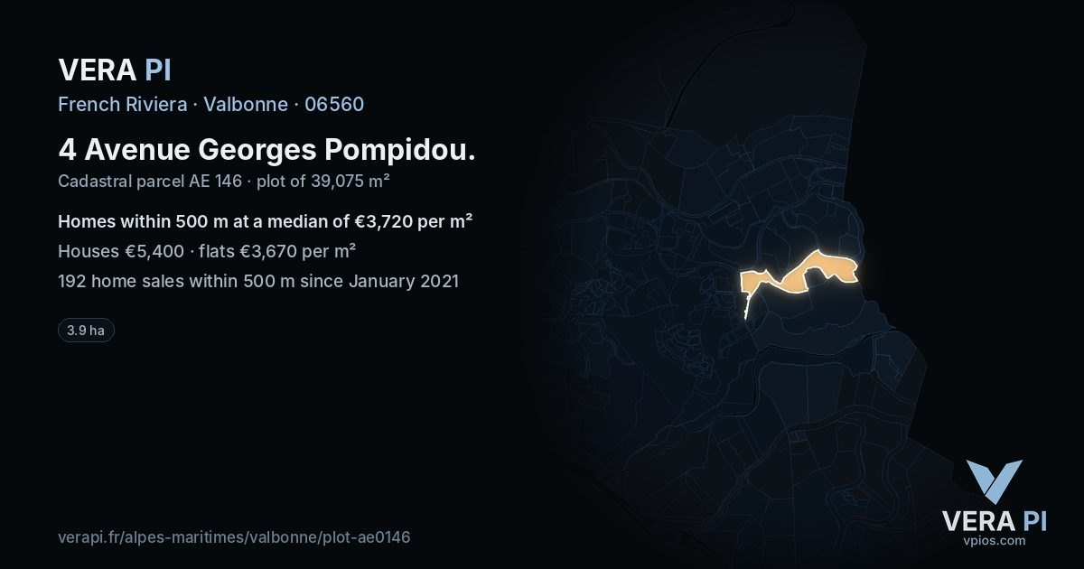 4 Avenue Georges Pompidou, Valbonne at night – the plot lit, the parcels around coloured by the prices near them