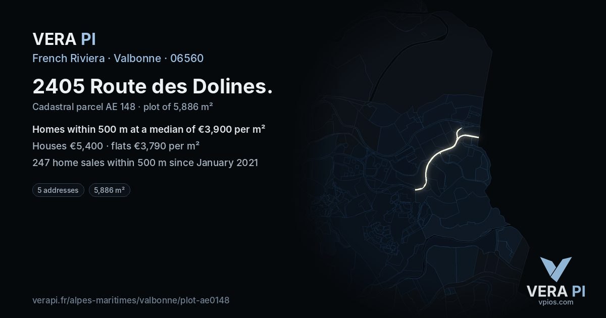 2405 Route des Dolines, Valbonne at night – the plot lit, the parcels around coloured by the prices near them