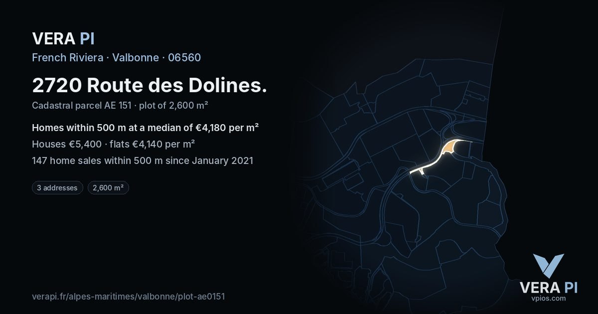 2720 Route des Dolines, Valbonne at night – the plot lit, the parcels around coloured by the prices near them