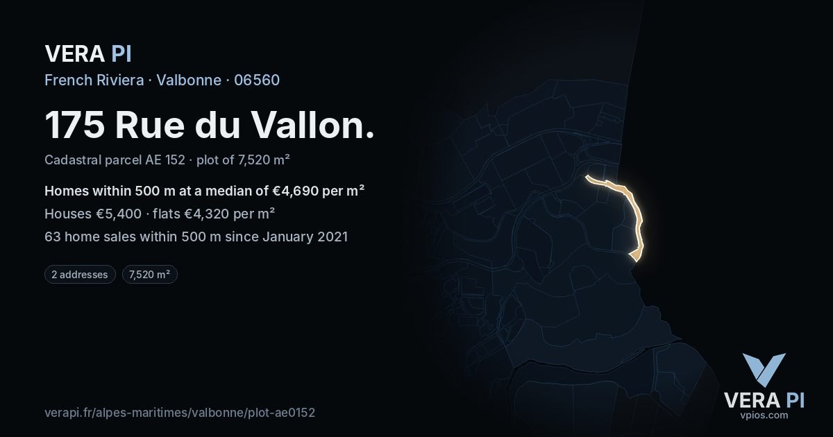 175 Rue du Vallon, Valbonne at night – the plot lit, the parcels around coloured by the prices near them