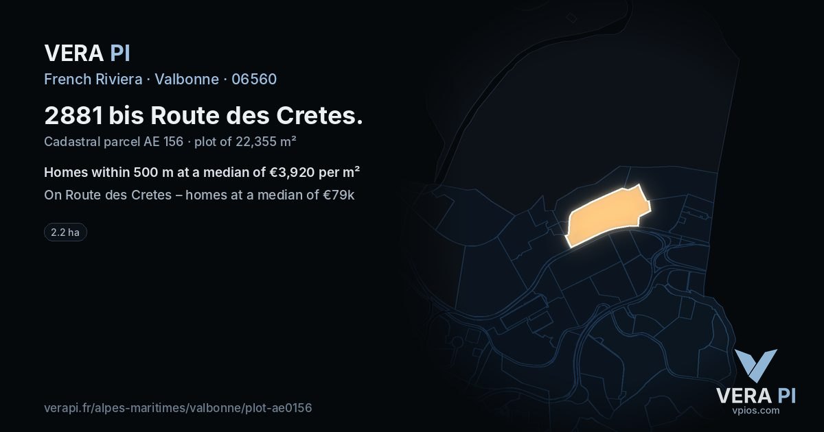 2881 bis Route des Cretes, Valbonne at night – the plot lit, the parcels around coloured by the prices near them