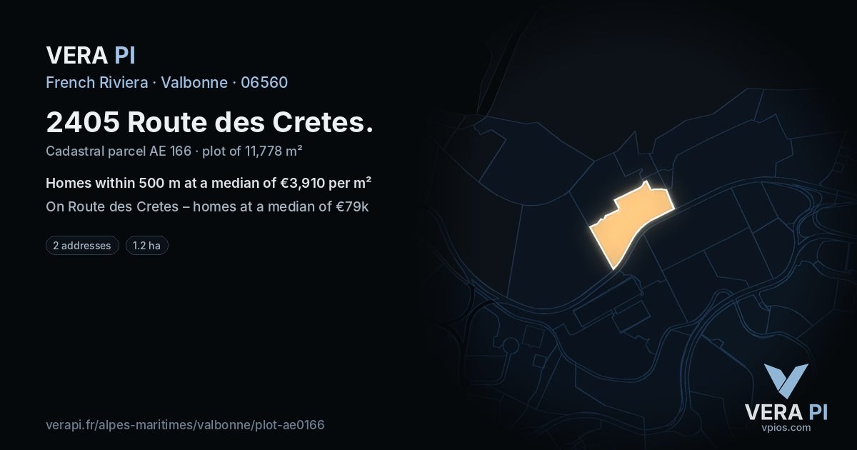 2405 Route des Cretes, Valbonne at night – the plot lit, the parcels around coloured by the prices near them