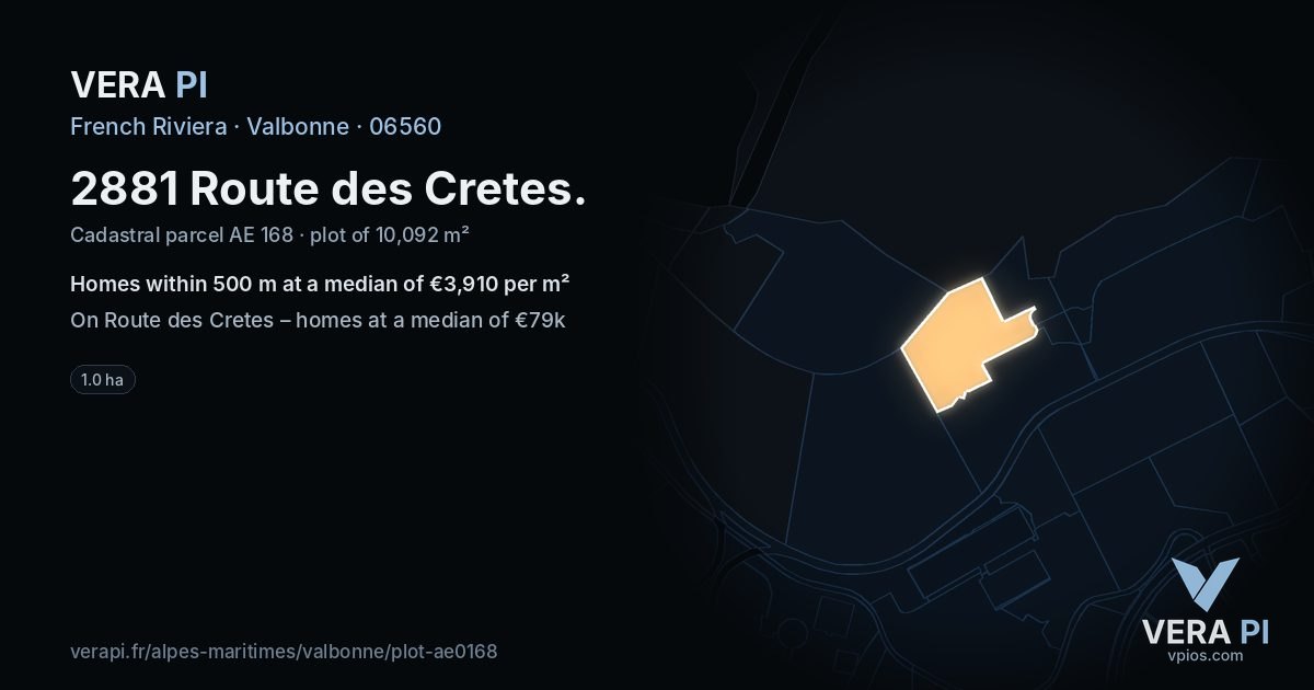 2881 Route des Cretes, Valbonne at night – the plot lit, the parcels around coloured by the prices near them