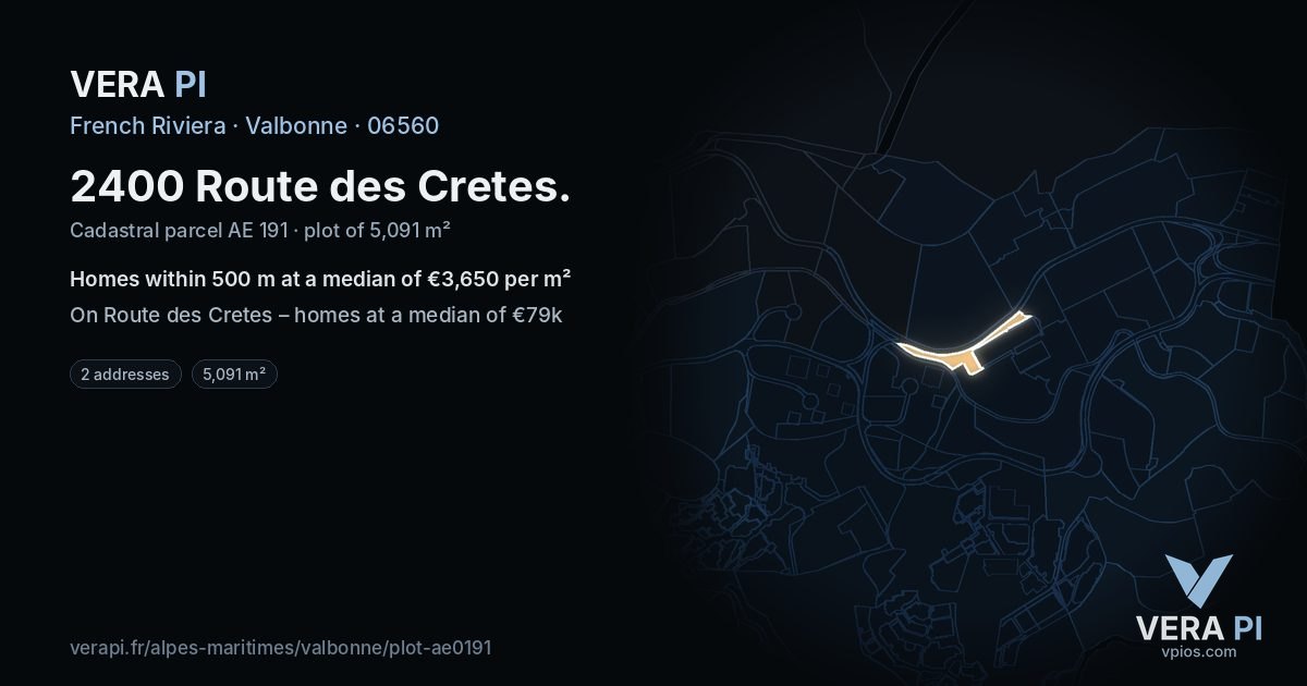 2400 Route des Cretes, Valbonne at night – the plot lit, the parcels around coloured by the prices near them