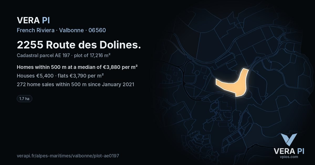 2255 Route des Dolines, Valbonne at night – the plot lit, the parcels around coloured by the prices near them