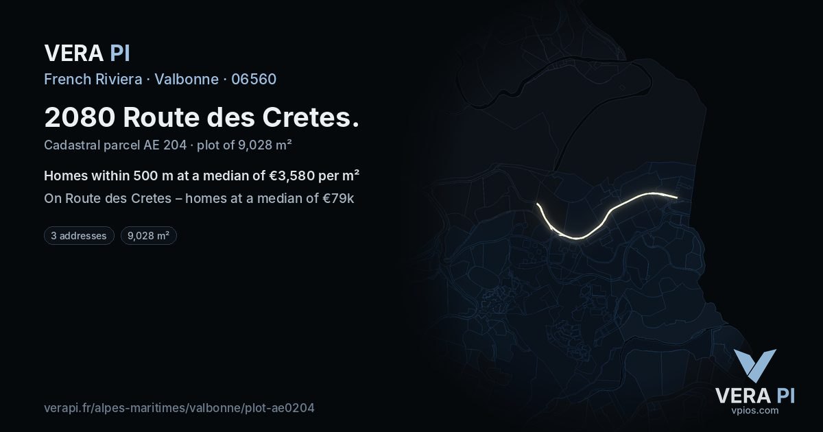 2080 Route des Cretes, Valbonne at night – the plot lit, the parcels around coloured by the prices near them