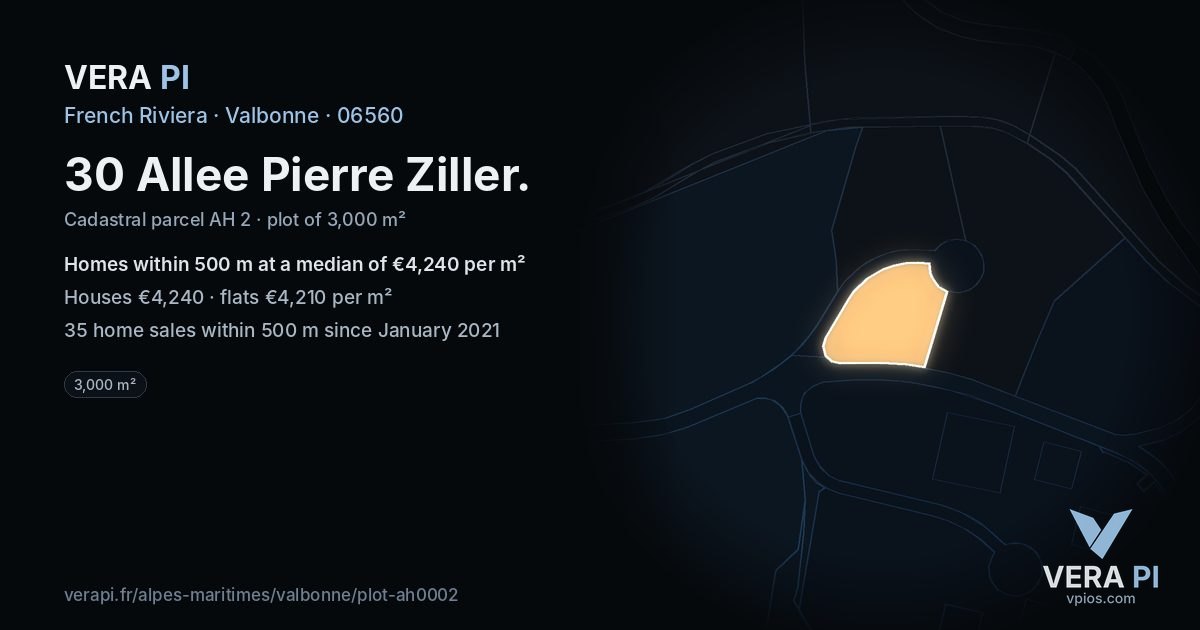 30 Allee Pierre Ziller, Valbonne at night – the plot lit, the parcels around coloured by the prices near them