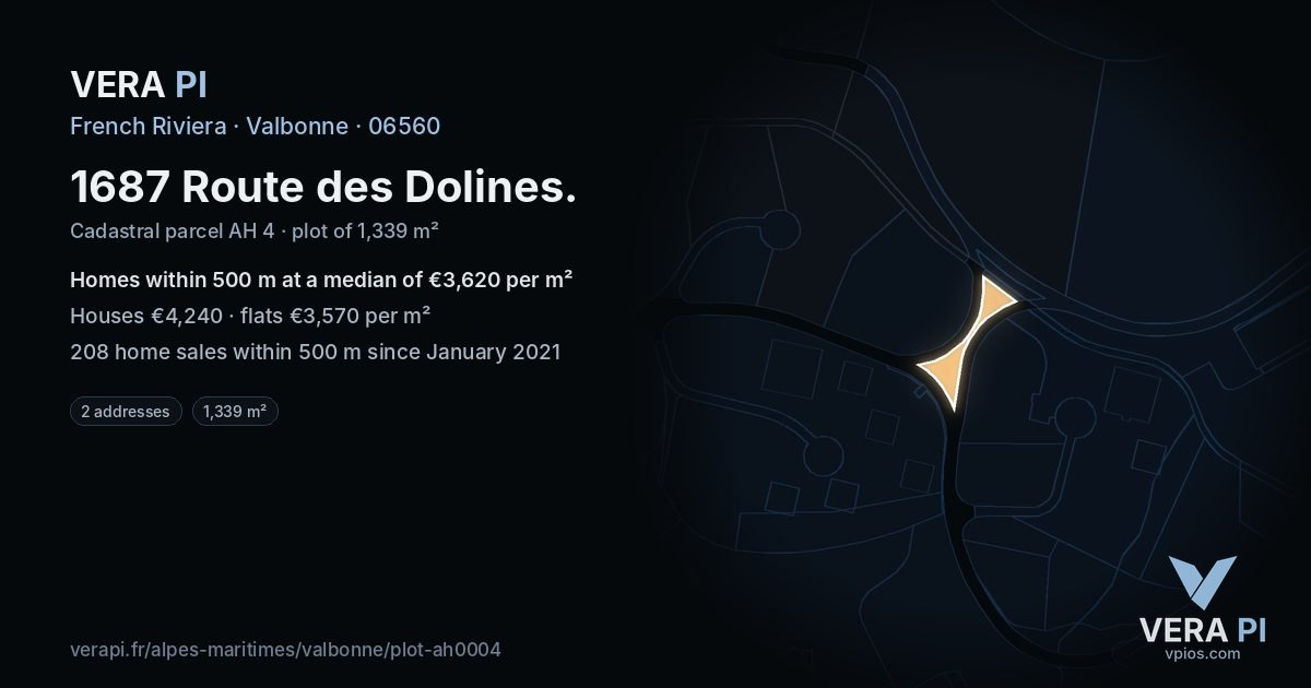 1687 Route des Dolines, Valbonne at night – the plot lit, the parcels around coloured by the prices near them