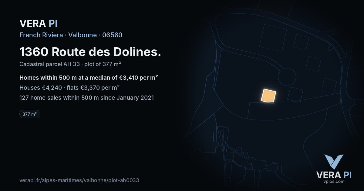 1360 Route des Dolines, Valbonne at night – the plot lit, the parcels around coloured by the prices near them