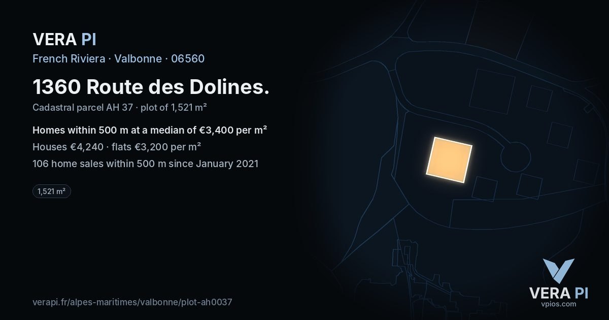 1360 Route des Dolines, Valbonne at night – the plot lit, the parcels around coloured by the prices near them