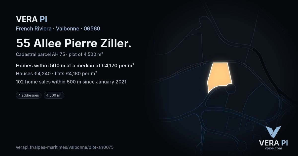55 Allee Pierre Ziller, Valbonne at night – the plot lit, the parcels around coloured by the prices near them