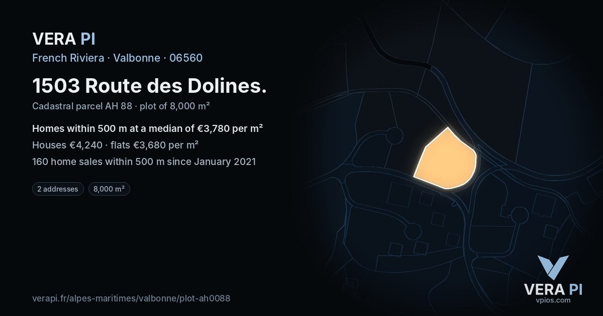 1503 Route des Dolines, Valbonne at night – the plot lit, the parcels around coloured by the prices near them