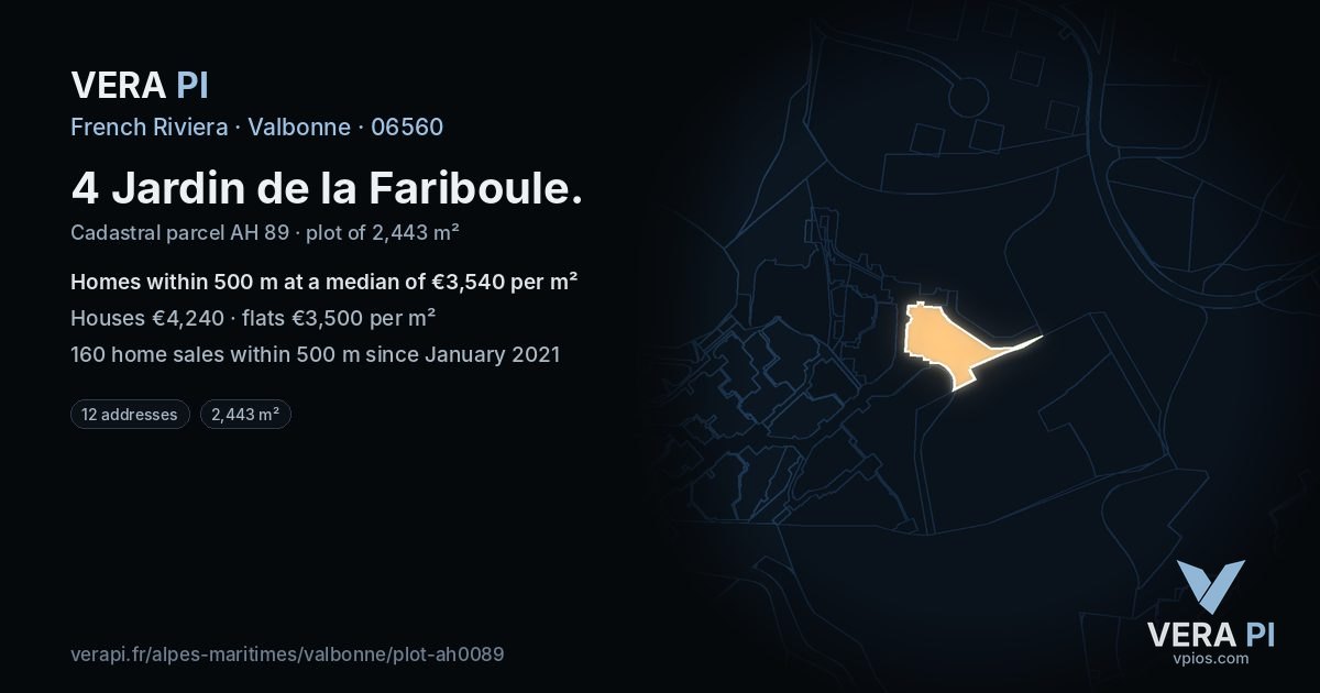 4 Jardin de la Fariboule, Valbonne at night – the plot lit, the parcels around coloured by the prices near them