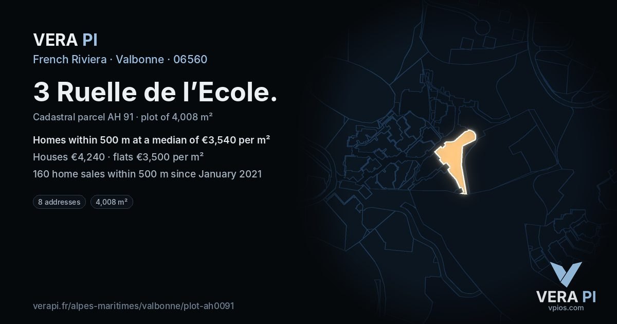 3 Ruelle de l’Ecole, Valbonne at night – the plot lit, the parcels around coloured by the prices near them