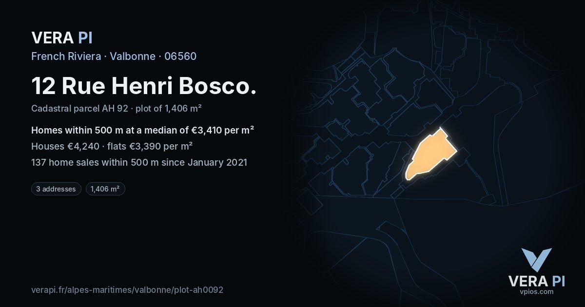 12 Rue Henri Bosco, Valbonne at night – the plot lit, the parcels around coloured by the prices near them