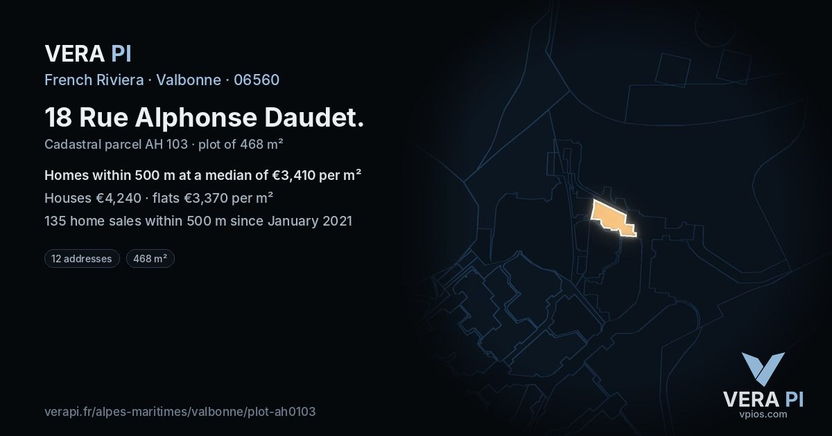 18 Rue Alphonse Daudet, Valbonne at night – the plot lit, the parcels around coloured by the prices near them