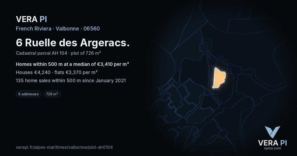 6 Ruelle des Argeracs, Valbonne at night – the plot lit, the parcels around coloured by the prices near them