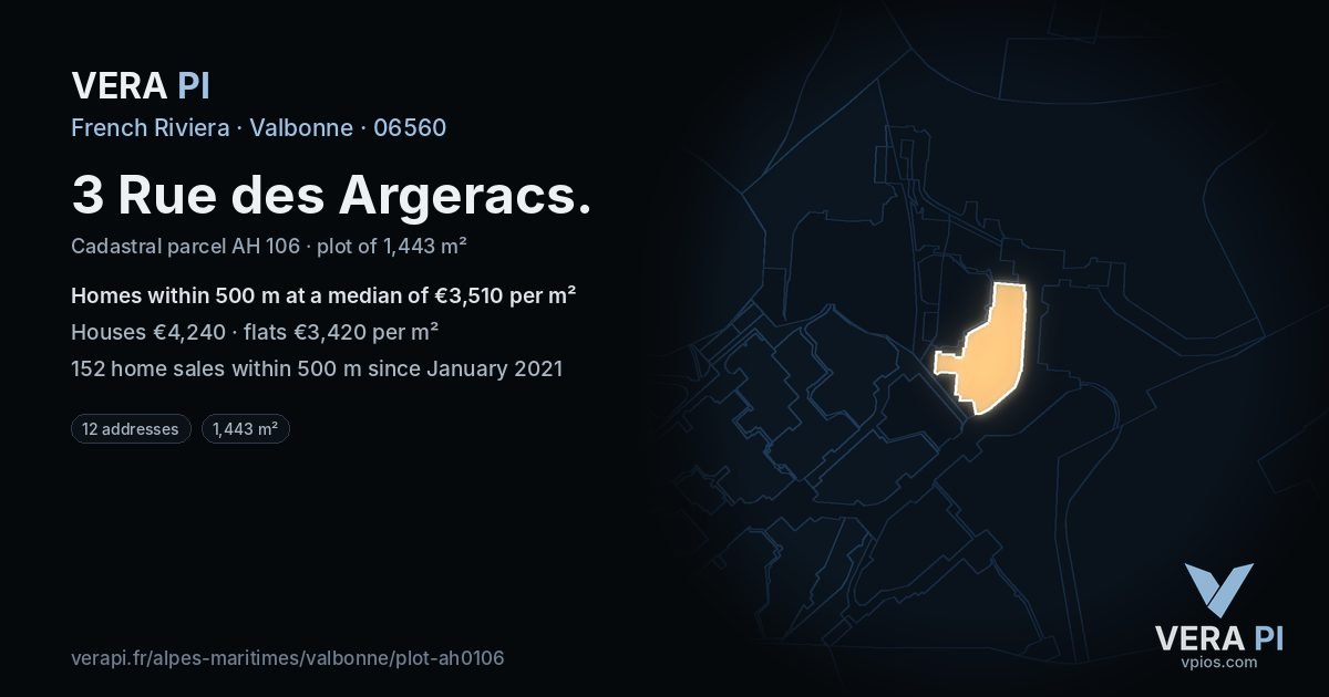 3 Rue des Argeracs, Valbonne at night – the plot lit, the parcels around coloured by the prices near them