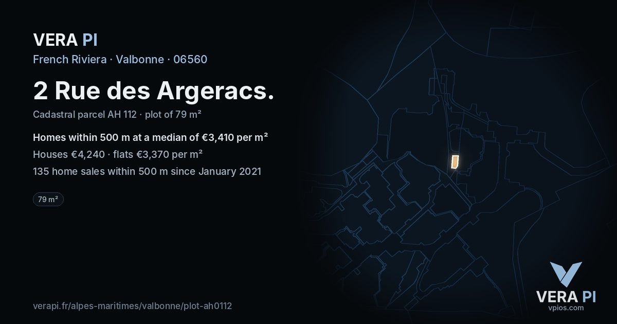 2 Rue des Argeracs, Valbonne at night – the plot lit, the parcels around coloured by the prices near them