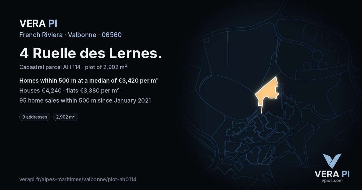 4 Ruelle des Lernes, Valbonne at night – the plot lit, the parcels around coloured by the prices near them