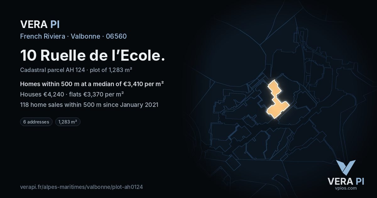 10 Ruelle de l’Ecole, Valbonne at night – the plot lit, the parcels around coloured by the prices near them