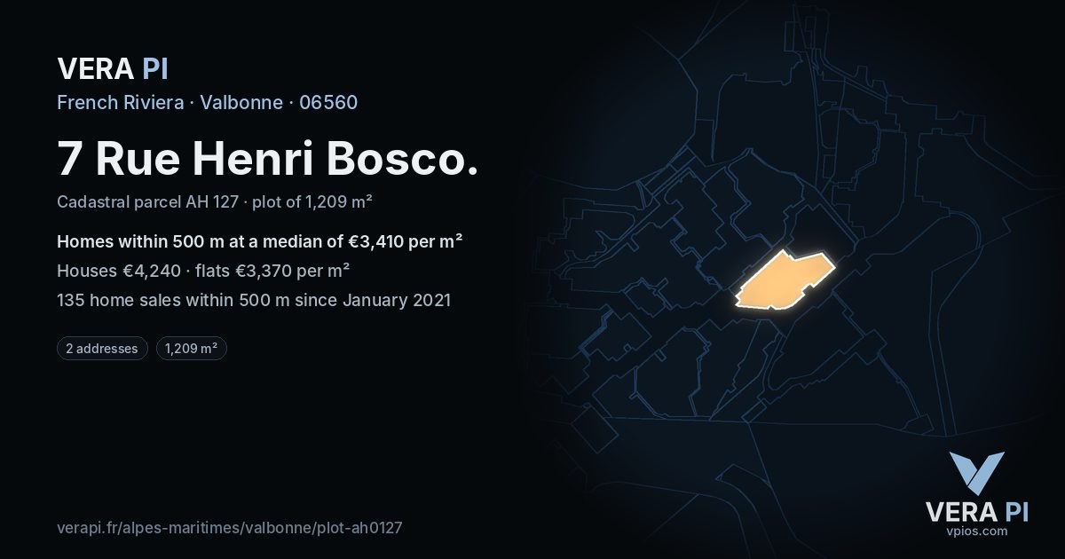 7 Rue Henri Bosco, Valbonne at night – the plot lit, the parcels around coloured by the prices near them