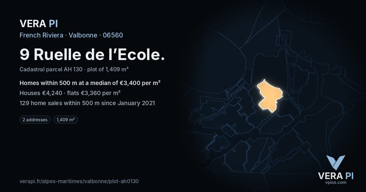 9 Ruelle de l’Ecole, Valbonne at night – the plot lit, the parcels around coloured by the prices near them