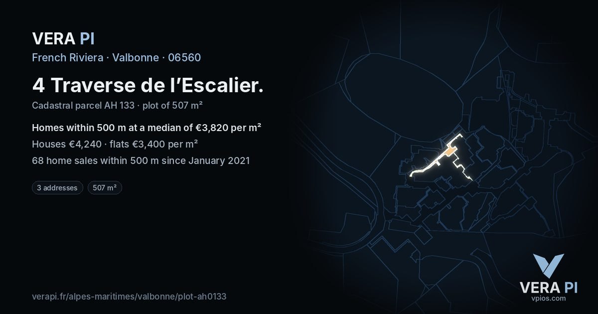 4 Traverse de l’Escalier, Valbonne at night – the plot lit, the parcels around coloured by the prices near them