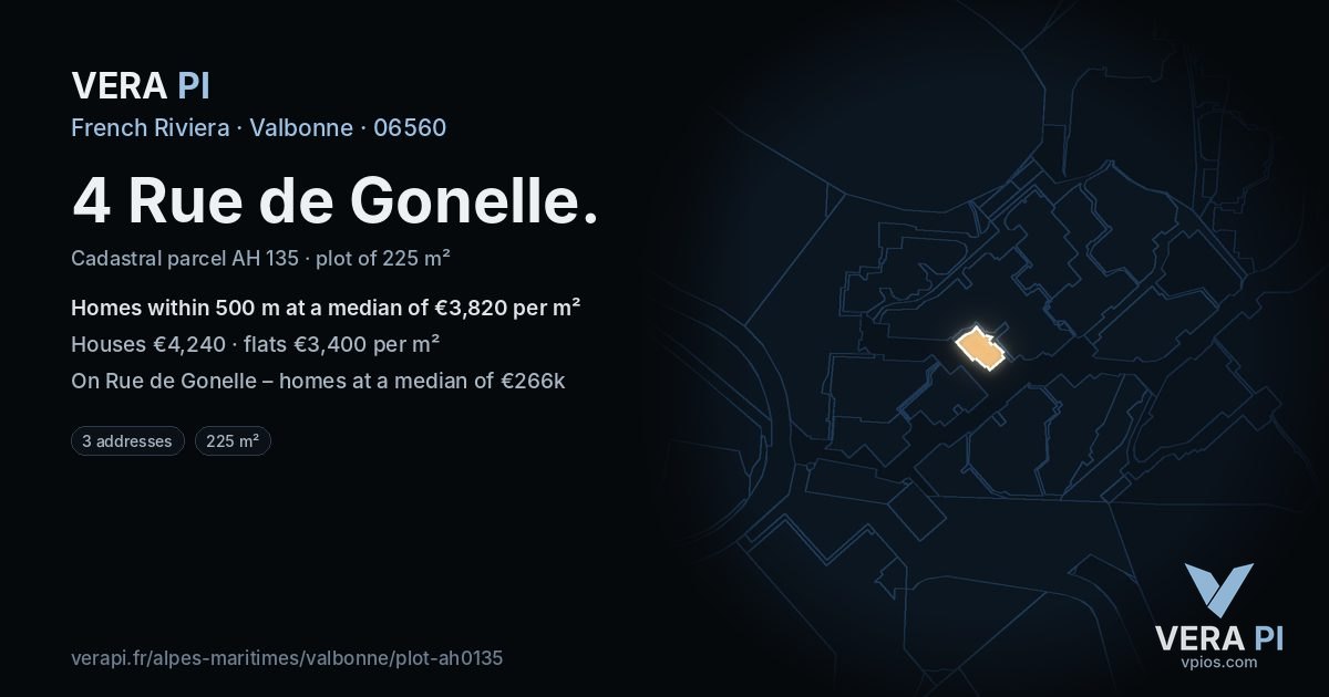 4 Rue de Gonelle, Valbonne at night – the plot lit, the parcels around coloured by the prices near them