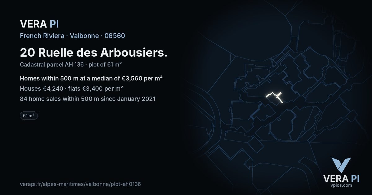 20 Ruelle des Arbousiers, Valbonne at night – the plot lit, the parcels around coloured by the prices near them