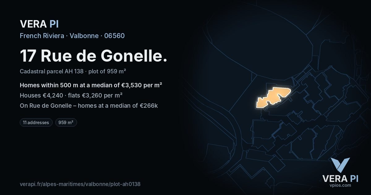 17 Rue de Gonelle, Valbonne at night – the plot lit, the parcels around coloured by the prices near them