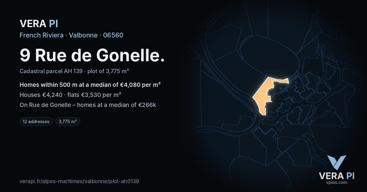 9 Rue de Gonelle, Valbonne at night – the plot lit, the parcels around coloured by the prices near them