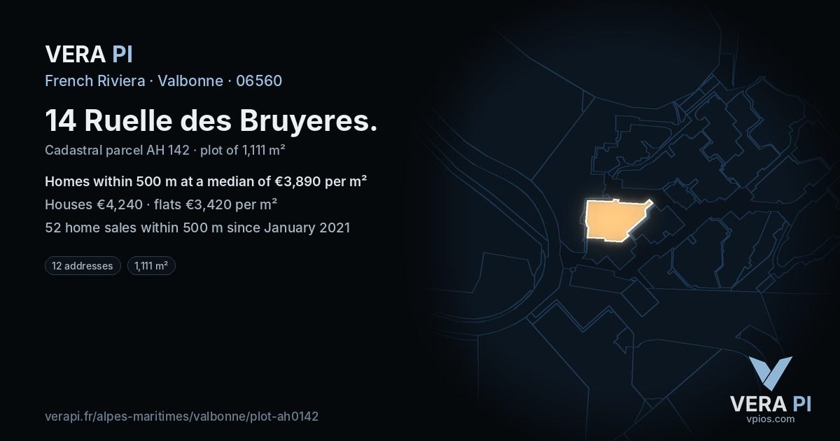 14 Ruelle des Bruyeres, Valbonne at night – the plot lit, the parcels around coloured by the prices near them