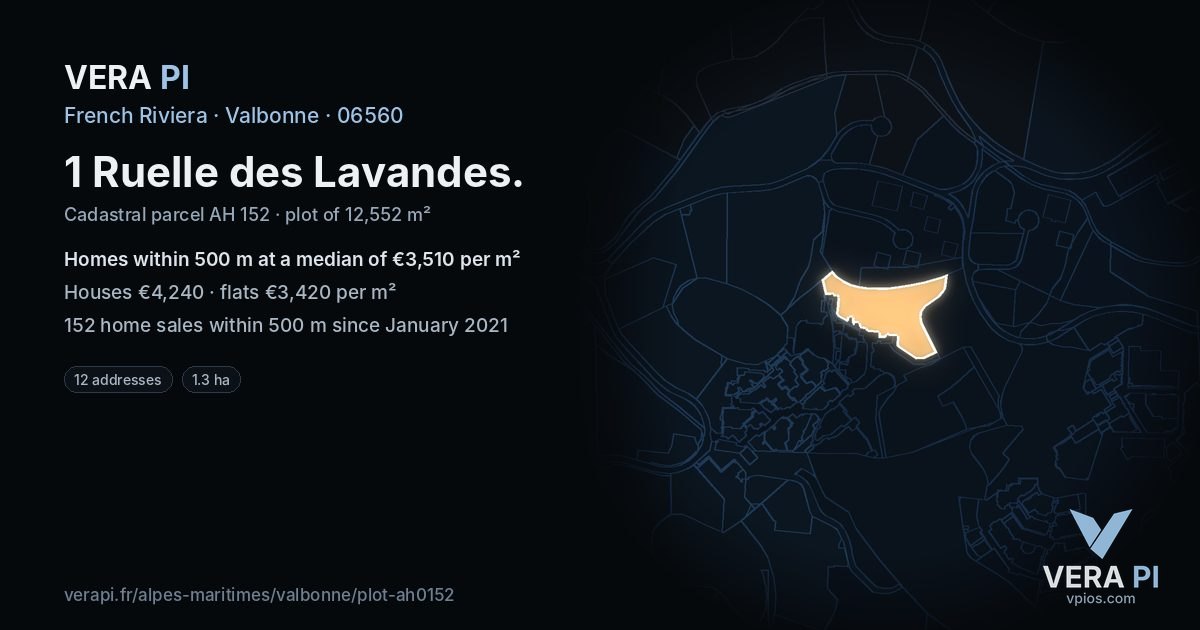 1 Ruelle des Lavandes, Valbonne at night – the plot lit, the parcels around coloured by the prices near them