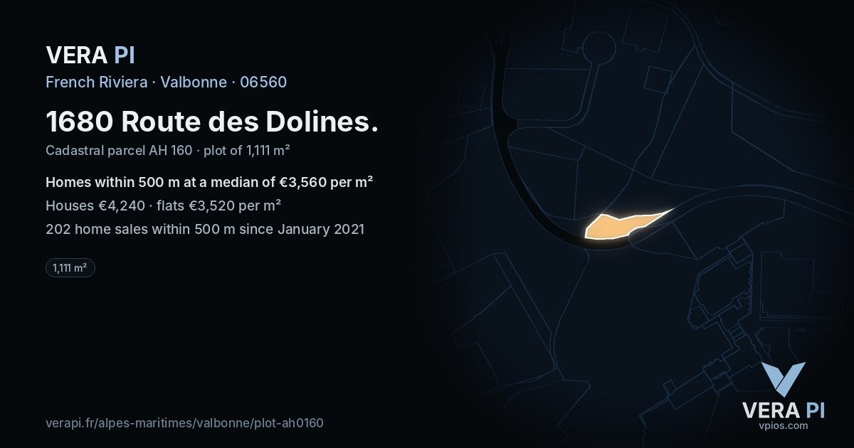 1680 Route des Dolines, Valbonne at night – the plot lit, the parcels around coloured by the prices near them