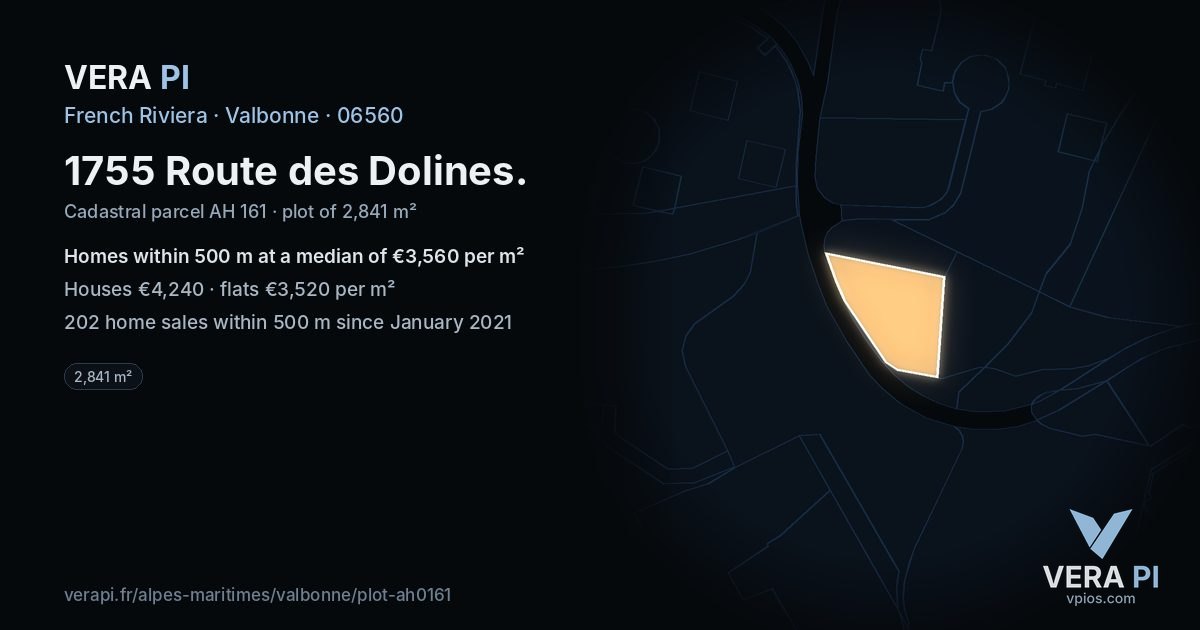 1755 Route des Dolines, Valbonne at night – the plot lit, the parcels around coloured by the prices near them