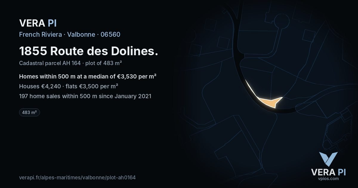1855 Route des Dolines, Valbonne at night – the plot lit, the parcels around coloured by the prices near them