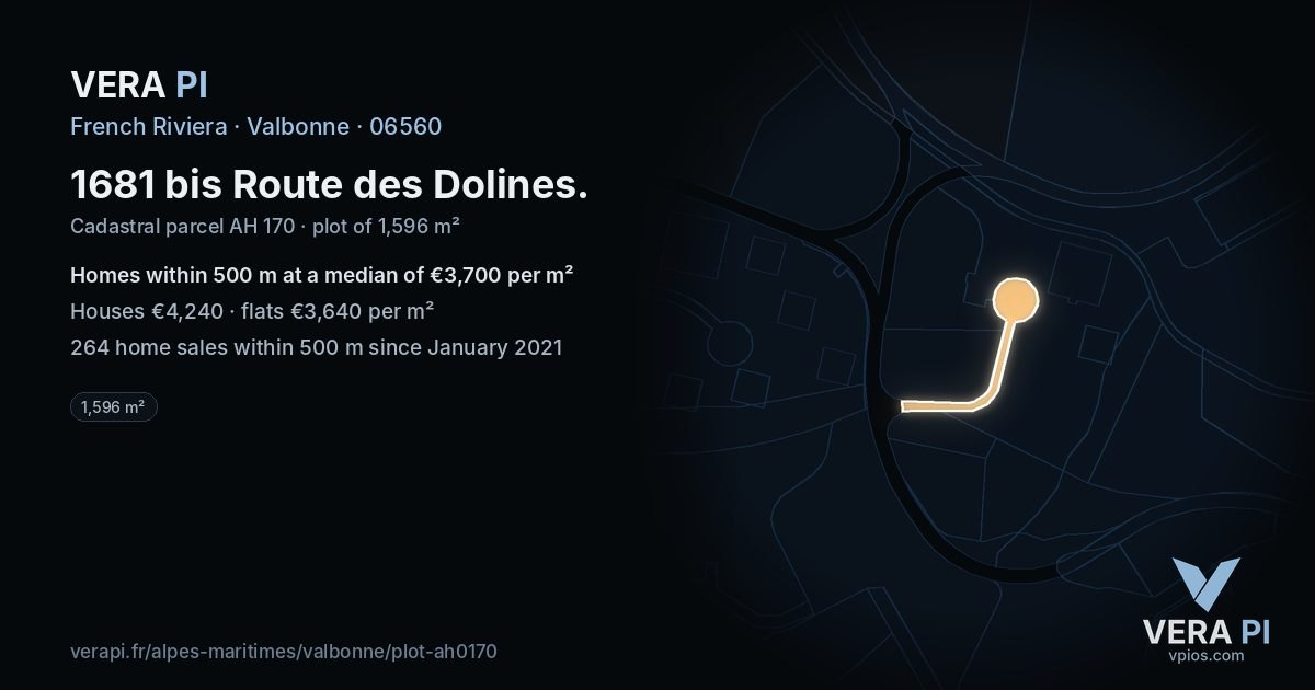 1681 bis Route des Dolines, Valbonne at night – the plot lit, the parcels around coloured by the prices near them