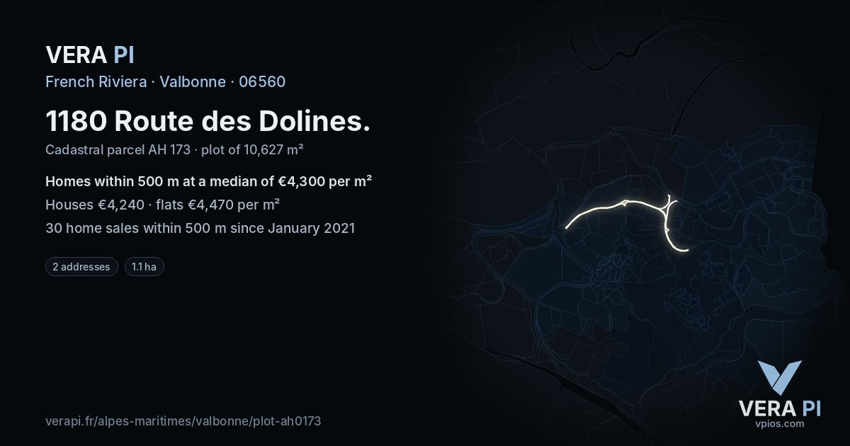 1180 Route des Dolines, Valbonne at night – the plot lit, the parcels around coloured by the prices near them