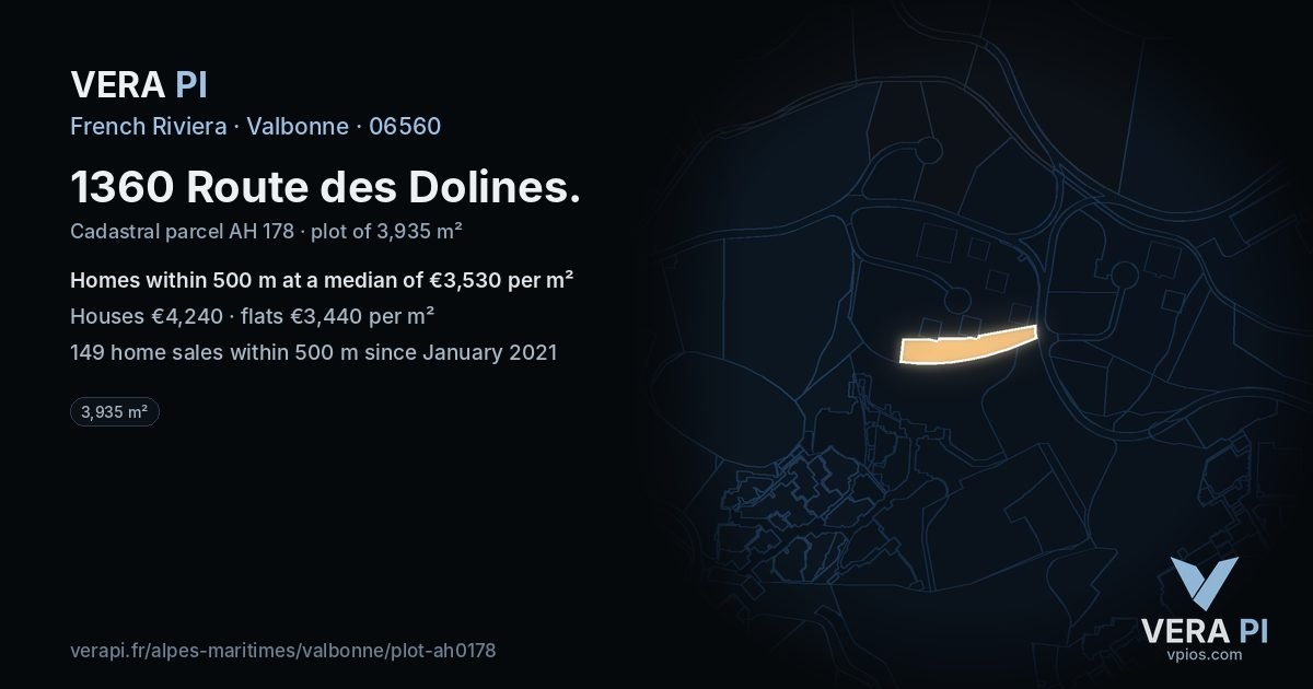 1360 Route des Dolines, Valbonne at night – the plot lit, the parcels around coloured by the prices near them