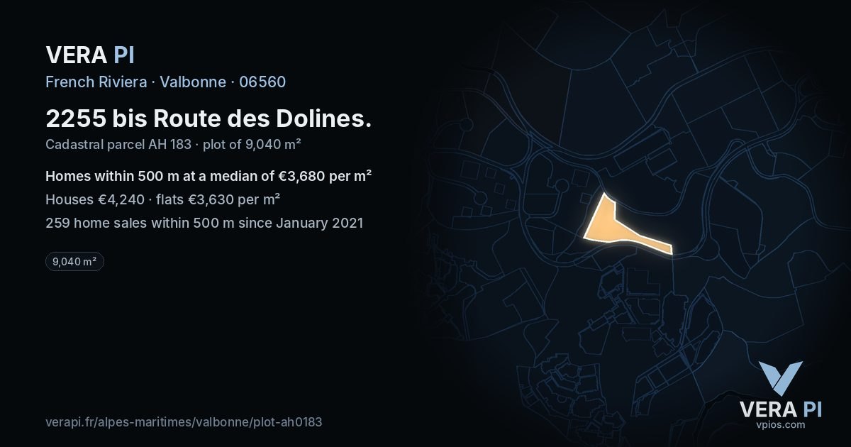 2255 bis Route des Dolines, Valbonne at night – the plot lit, the parcels around coloured by the prices near them