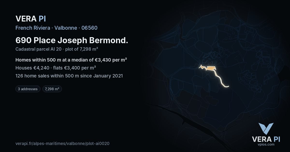 690 Place Joseph Bermond, Valbonne at night – the plot lit, the parcels around coloured by the prices near them