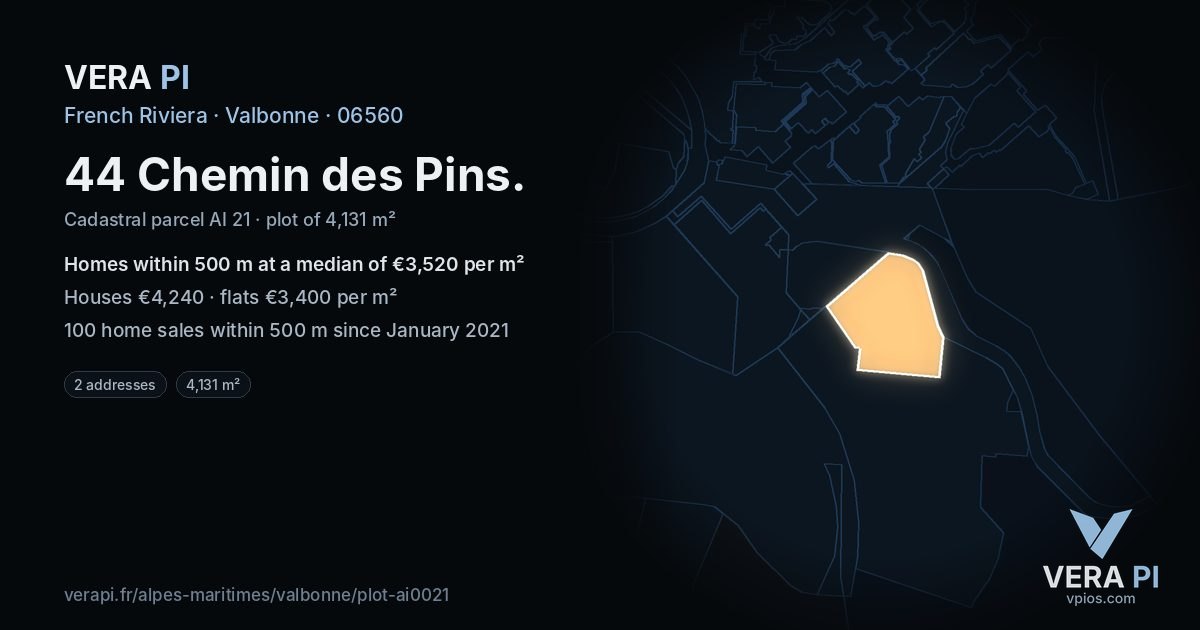 44 Chemin des Pins, Valbonne at night – the plot lit, the parcels around coloured by the prices near them