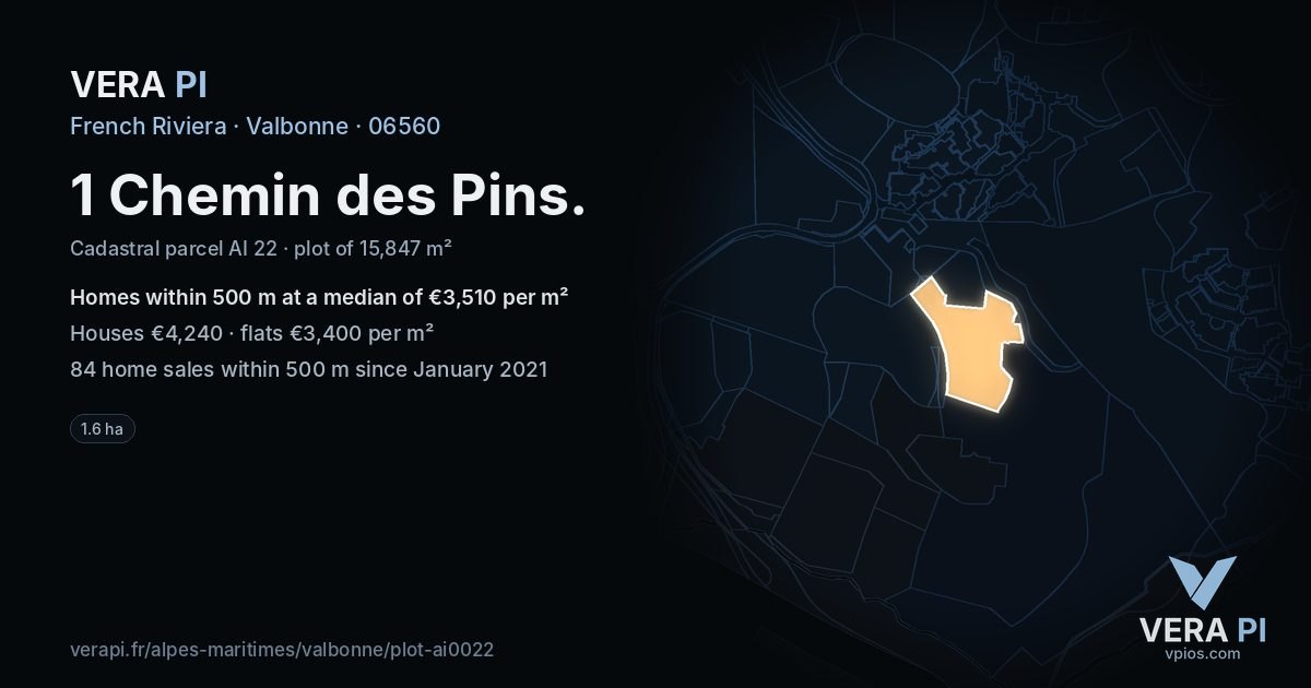 1 Chemin des Pins, Valbonne at night – the plot lit, the parcels around coloured by the prices near them