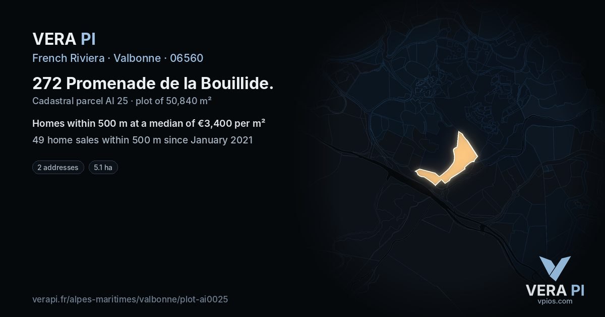 272 Promenade de la Bouillide, Valbonne at night – the plot lit, the parcels around coloured by the prices near them