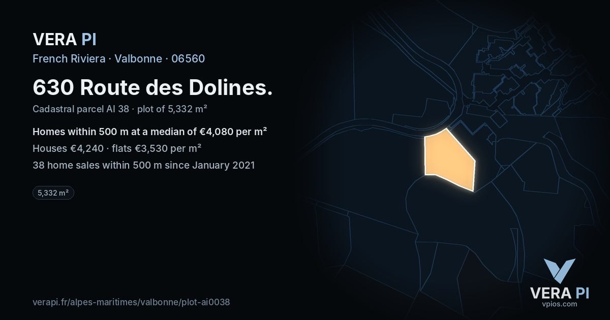 630 Route des Dolines, Valbonne at night – the plot lit, the parcels around coloured by the prices near them