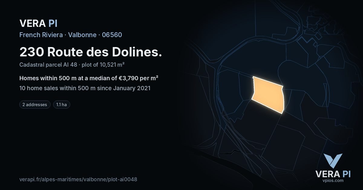 230 Route des Dolines, Valbonne at night – the plot lit, the parcels around coloured by the prices near them