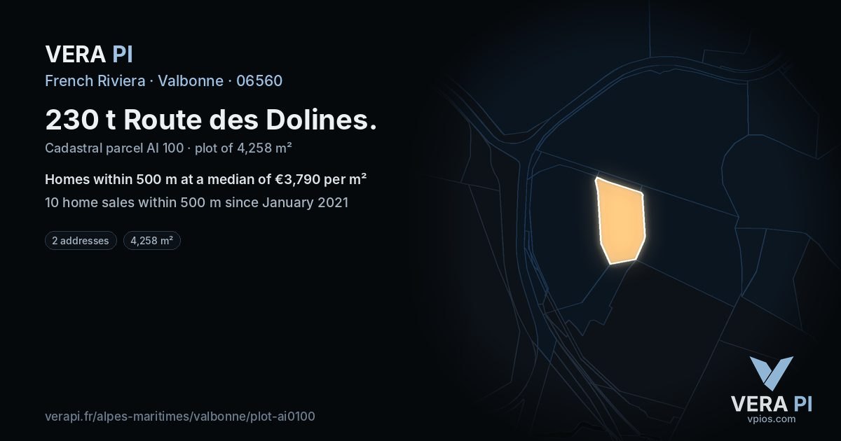 230 t Route des Dolines, Valbonne at night – the plot lit, the parcels around coloured by the prices near them