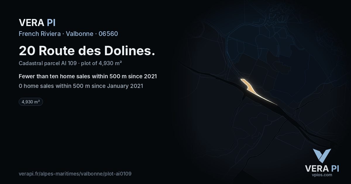20 Route des Dolines, Valbonne at night – the plot lit, the parcels around coloured by the prices near them