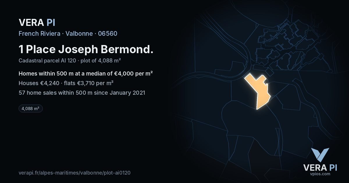 1 Place Joseph Bermond, Valbonne at night – the plot lit, the parcels around coloured by the prices near them